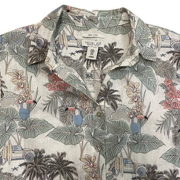 Rachel Zoe M Linen Shirt Dress | Tropical Parrot Print Button Front Resort Vibe - Picture 3 of 5